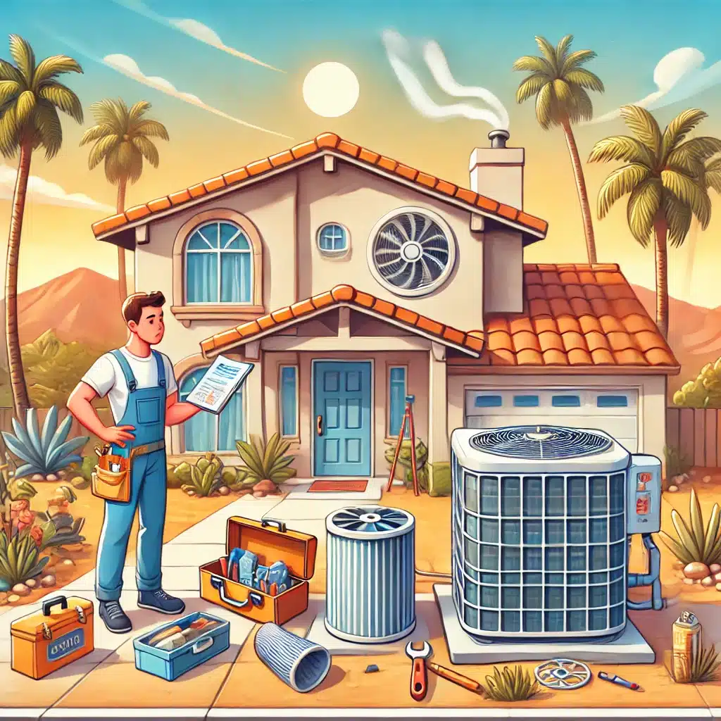 A suburban home in Palmdale, CA on a sunny day, with an HVAC technician inspecting an outdoor air conditioning unit surrounded by tools, a clogged air filter, and blocked vents. This image illustrates common HVAC issues and highlights the professional air conditioning repair, maintenance, and installation services provided by Arctic Air in Palmdale and nearby areas like Lancaster and Tehachapi, CA. Palmdale HVAC, air conditioning maintenance, clogged air filter, HVAC repair, home cooling solutions, residential HVAC, outdoor AC unit, blocked air vents, energy efficiency, HVAC installation, Arctic Air AV, Palmdale CA, Tehachapi CA, Lancaster CA, HVAC tune-up, home comfort, cooling system repair.